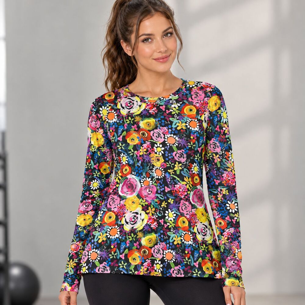 Womens Bright Multicolor Floral Long Sleeve Top Botanical Whimiscal Wildflower